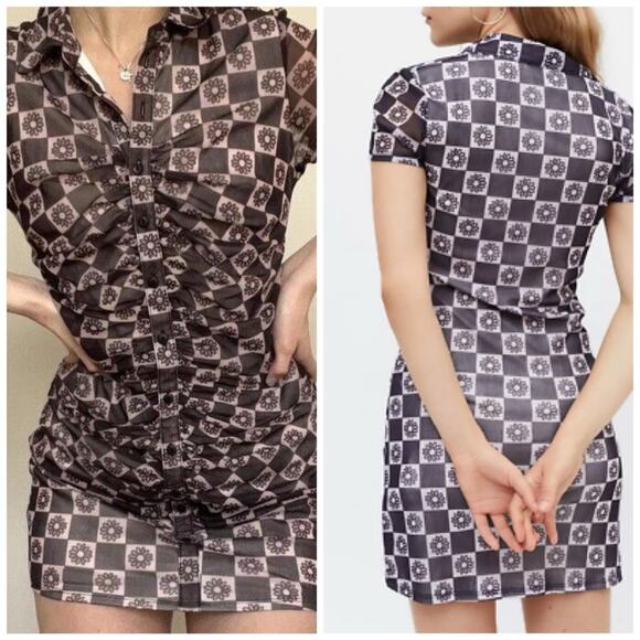 Urban Outfitters Riko Mesh Button Front Mini Dress Ruched Floral Bodycon XS - Picture 2 of 13